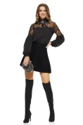 Bluza dama Fofy eleganta neagra din voal si dantela premium si brosa cu strasuri detasabila picture - 2