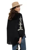 Camasa dama premium neagra din bumbac 100% cu gaitane militare crem picture - 2