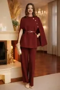 Compleu dama elegant burgundy din tricot premium jacheta tip capa  nasturi aurii curea si pantaloni picture - 1