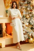 Compleu dama elegant crem premium gros fusta si pulover cu cristale si floare decorativa picture - 1