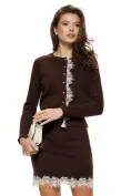 Compleu dama elegant maro premium fusta  si jacheta cu insertii de dantela si nasturi perla picture - 1