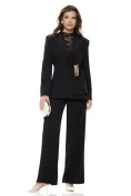 Compleu dama elegant negru cu fronseuri in talie accesoriu auriu pantalon wide cu pense picture - 1