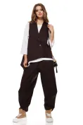 Compleu dama premium maro cu croi modern asimetric vesta si pantaloni din bumbac picture - 1