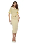 Fusta conica midi din tricot premium galben pai cu crapatura si curea picture - 4