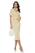 Fusta conica midi din tricot premium galben pai cu crapatura si curea picture - 1