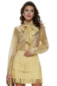 Fusta mini galbena de piele intoarsa cu franjuri suprapuse picture - 1