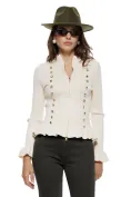 Jacheta dama eleganta din tricot premium crem cu nasturi metalici si volane picture - 1