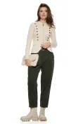 Pantalon dama cu talie inalta din bumbac raiat olive cu dungi fine si curea picture - 2