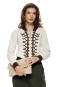 Pantalon dama cu talie inalta din bumbac raiat olive cu dungi fine si curea picture - 5