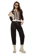 Pantalon dama cu talie inalta din stofa maro spicat cu centura impletita picture - 1