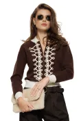 Pantalon dama cu talie inalta din stofa maro spicat cu centura impletita picture - 2