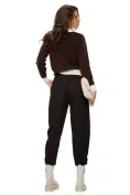 Pantalon dama cu talie inalta din stofa maro spicat cu centura impletita picture - 3