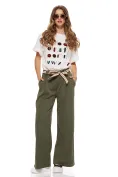 Pantalon dama kaki cu buzunare vascoza cu bumbac croi lejer cu cordon bicolor picture - 1