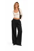 Pantalon dama negru wide cu pense ample talie crossover picture - 1