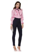 Pantaloni eleganti Fofy bleumarin cu talie inalta usor elastici si betelie lata picture - 1