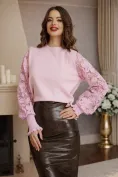 Pulover dama premium lila cu maneci din dantela si mansete late cu volanas picture - 1