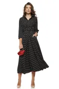 Rochie damă Fofy midi neagra cu buline medii, croi tip cămașă și cordon în talie picture - 1