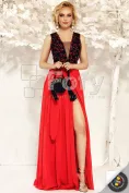 Rochie  Fofy de ocazie roșie lungă cu despicătură și broderie cu floricele 3D picture - 1