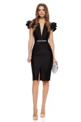 Rochie Fofy elegantă neagra lucioasa cu decolteu adânc elastica cu accesori metalic auriu cu pietre in talie picture - 1