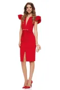 Rochie Fofy elegantă rosie cu decolteu adânc si accesoriu metalic auriu cu pe cordonul detasabil picture - 1