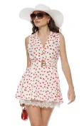 Rochie mini de vara alba cu revere cu dublura de pantalon scurt conturat cu dantela imprimeu cirese picture - 1