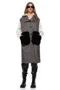 Vesta dama lunga neagra din stofa pepit premium cu buzunare din blanita picture - 1