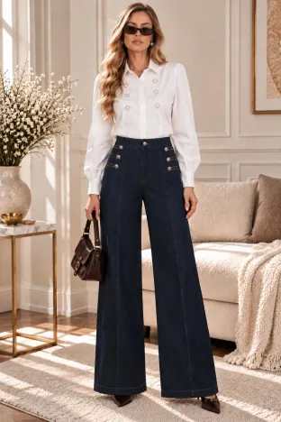 Blug dama premium indigo wide elastici cu aplicatii militare si nasturi metalici