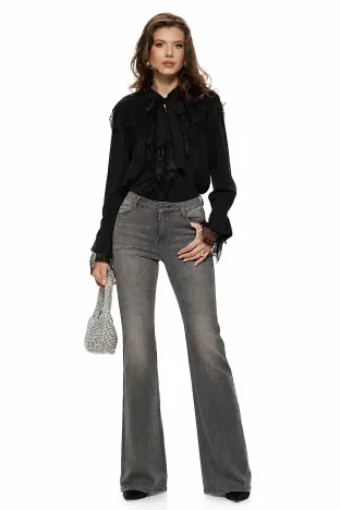 Blugi dama evazati premium gri inchis elastici talie medie cu efect push-up