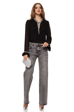 Blugi dama gri cu strasuri croi drept material premium prespalat