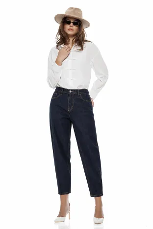 Blugi damă premium indigo ballon elastic cu talie inalta