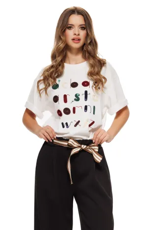 Bluza dama alba casual din bumbac cu broderie si nasturi