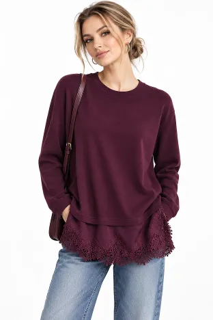 Bluza dama bordo pruna din tricot premium cu insertii satinate si dantela
