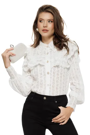 Bluza dama eleganta alba din dantela catifelata cu guler brodat si volane din dantela premium