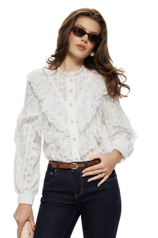 Bluza dama eleganta alba din dantela catifelata cu jabou amplu dantelat si nasturi perla