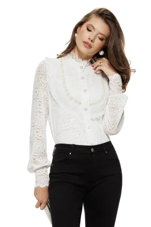 Bluza dama eleganta alba din dantela catifelata cu jabou dantelat conturat cu perle