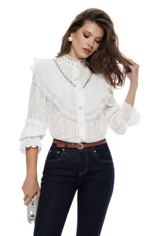 Bluza dama eleganta alba din dantela catifelata cu jabou in V dantelat cu aplicatii de cristale maxi