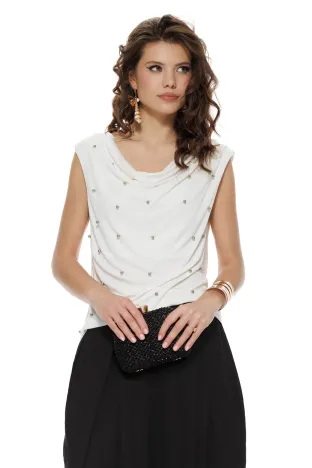 Bluza dama eleganta alba din vascoza premium elastica cu perle argintii