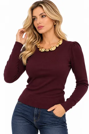 Bluza dama eleganta bordo pruna din tricot premium cu accesorii aurii