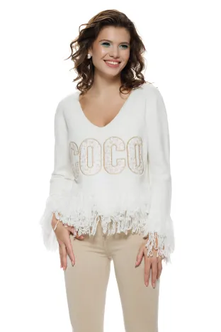 Bluza dama eleganta din tricot premium alb menta cu broderie cu floricele si franjuri