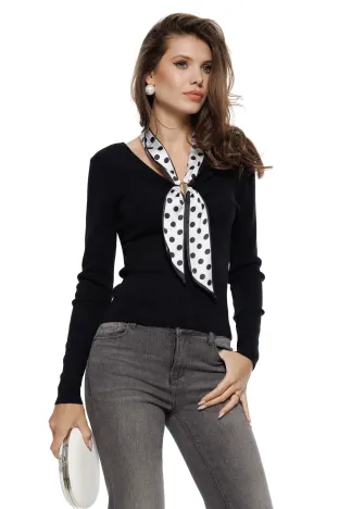 Bluza dama eleganta din tricot premium negru esarfa cu buline si accesoriu metalic