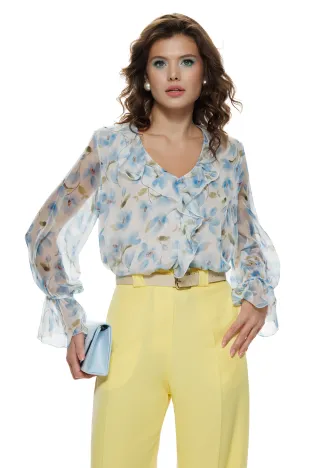 Bluza dama eleganta din voal matasos cu imprimeu floral baby blue si jabou