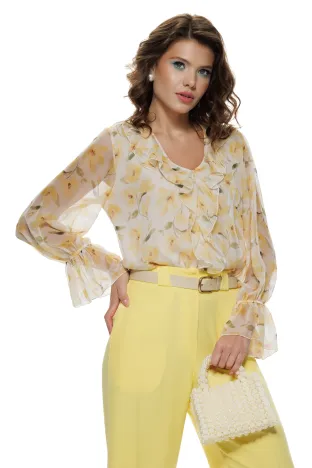 Bluza dama eleganta din voal matasos cu imprimeu floral galben si jabou