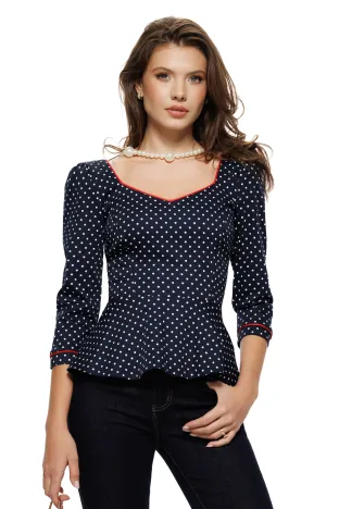Bluza dama eleganta Fofy din bumbac premium bleumarin cu buline delicate si funda rosie