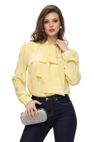 Bluza dama eleganta Fofy galbena cu imprimeu argintiu si esarfa innodata