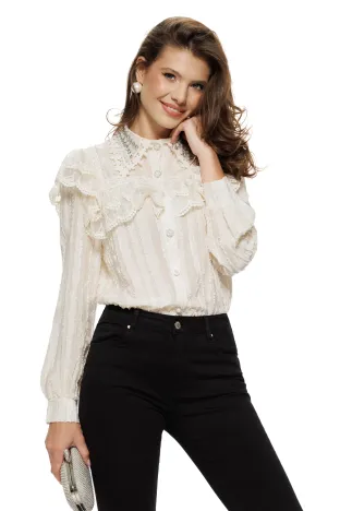 Bluza dama eleganta ivoire din dantela catifelata cu guler brodat perle cristale si jabou dantelat