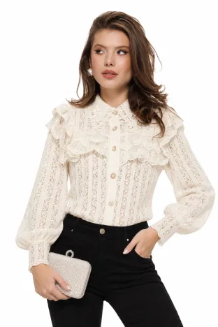 Bluza dama eleganta ivoire din dantela catifelata cu guler brodat si volane din dantela premium