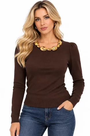Bluza dama eleganta maro din tricot premium cu accesorii aurii
