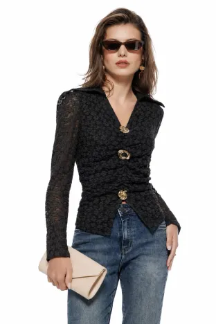 Bluza dama premium din dantela elastica neagra cu accesorii metalice detasabile