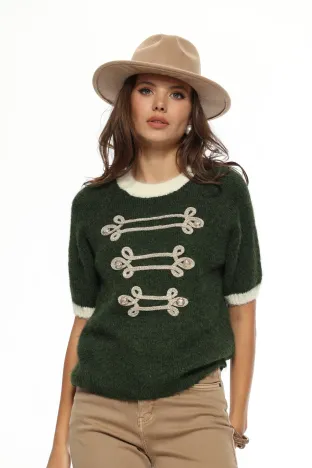 Bluza dama premium din tricot pufos verde cu brandemburguri aurii si nasturi metalici
