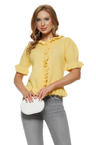 Bluza dama tricotata galben premium cu volane romantice si nasturi in ton